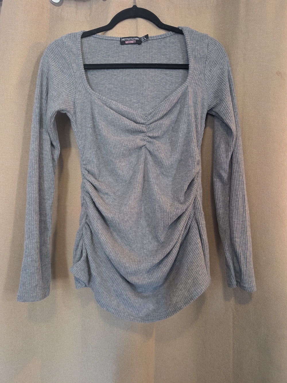 PrettyLittleThing Gray Ribbed Ruched Long Sleeve Maternity Top